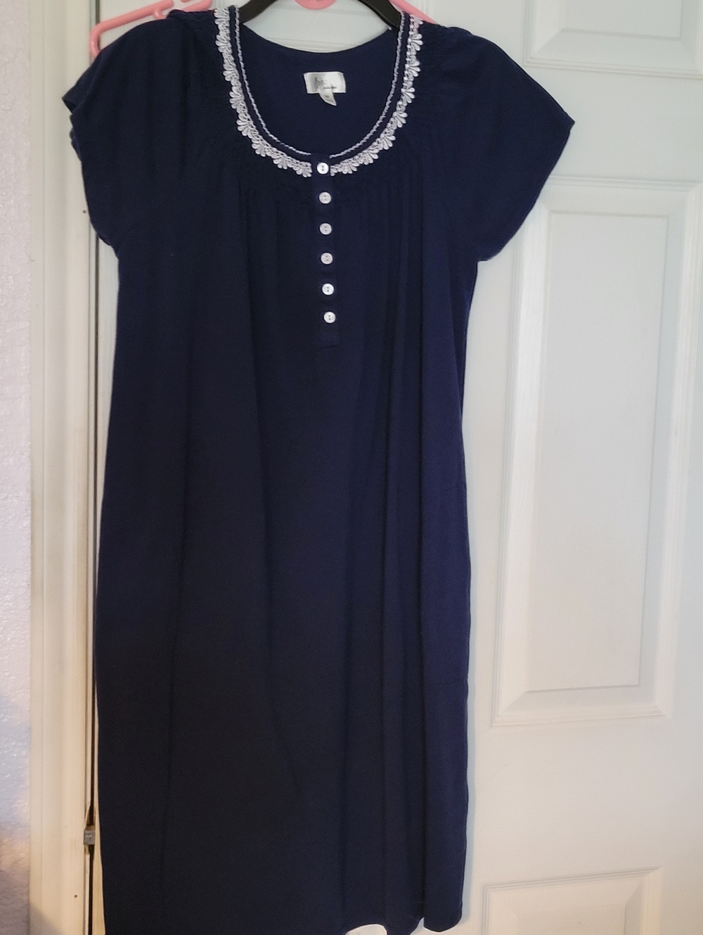 Navy Embroidered Scoop Neck Button Dress